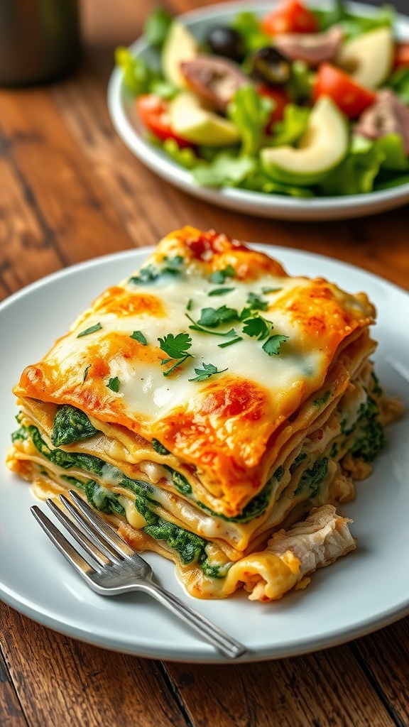 Delicious Chicken and Spinach Lasagna A delicious Chicken and Spinach Lasagna with melted cheese and fresh spinach, garnished with parsley, on a wooden table.